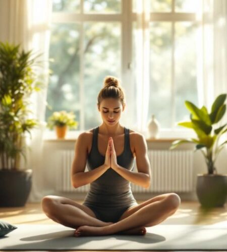 Person practicing yoga in a peaceful studio setting.