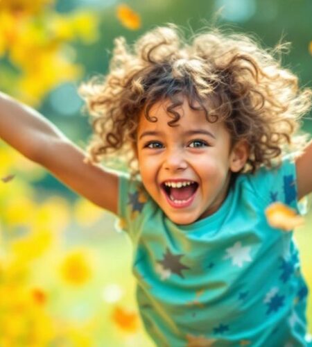 Child playing outdoors, illustrating energy and enthusiasm.