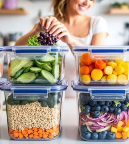 Meal prep containers filled with colorful vegetables and grains.