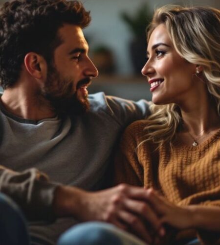 Couple communicating effectively in a cozy living room.