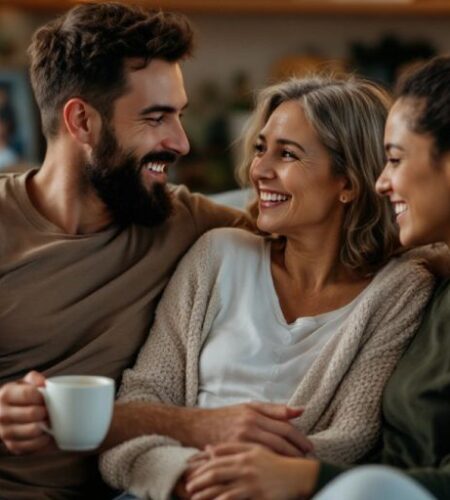 Couple on couch having supportive conversation.