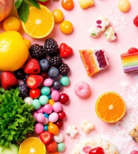 Sugary foods and fresh produce on a table.