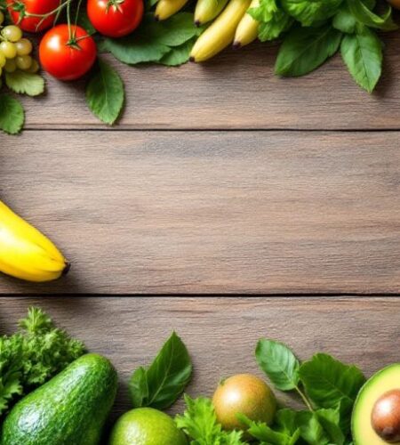 Colorful fruits and vegetables on a wooden table.