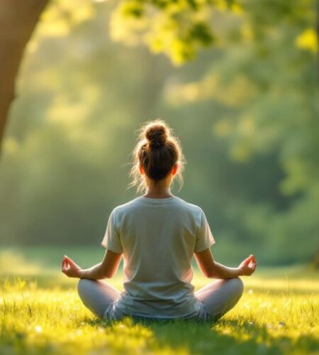 Person meditating peacefully in a tranquil natural setting.