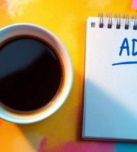 Cup of coffee and notepad about ADHD.