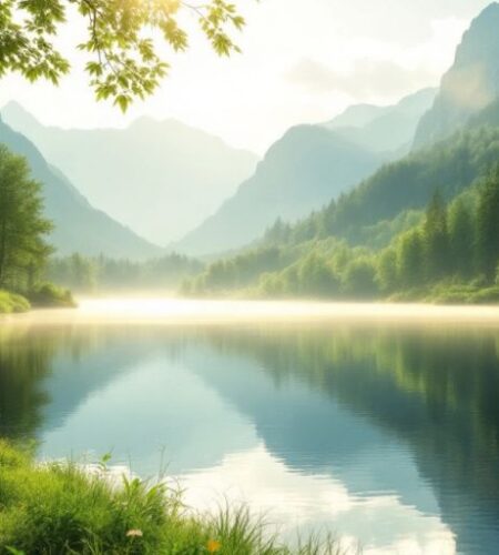 Tranquil lake scene with lush greenery and sunlight.