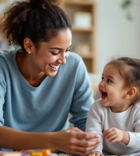 Parent and child playing together in a cosy room.