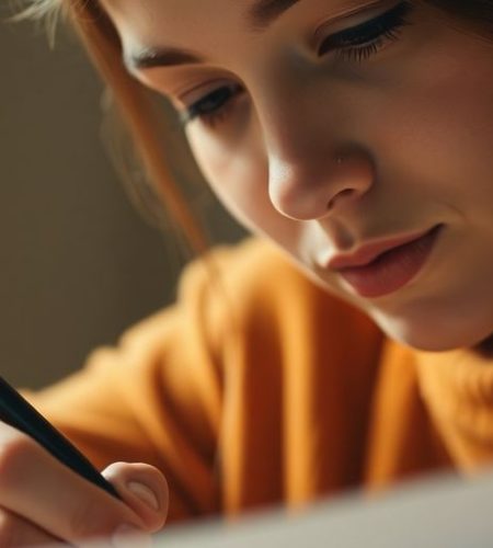 Person writing in a notebook with a contemplative expression.