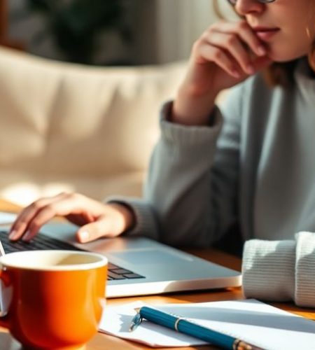 Person using laptop in a cozy workspace.