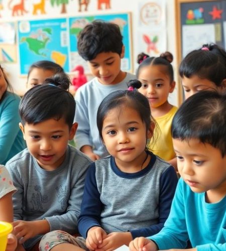 Diverse children in a classroom reflecting cultural interactions.