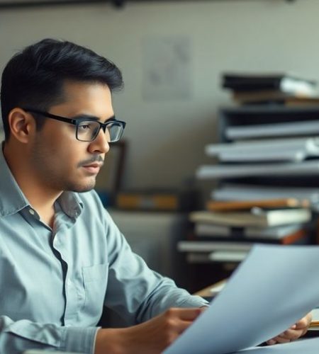 Professional in a cluttered office, deep in thought.