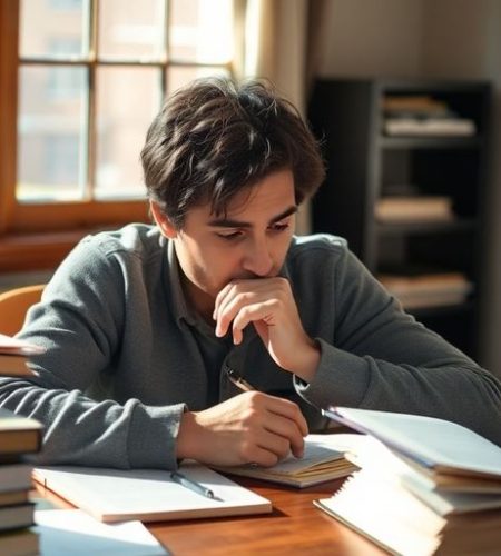 Person studying ADHD at a desk with books.